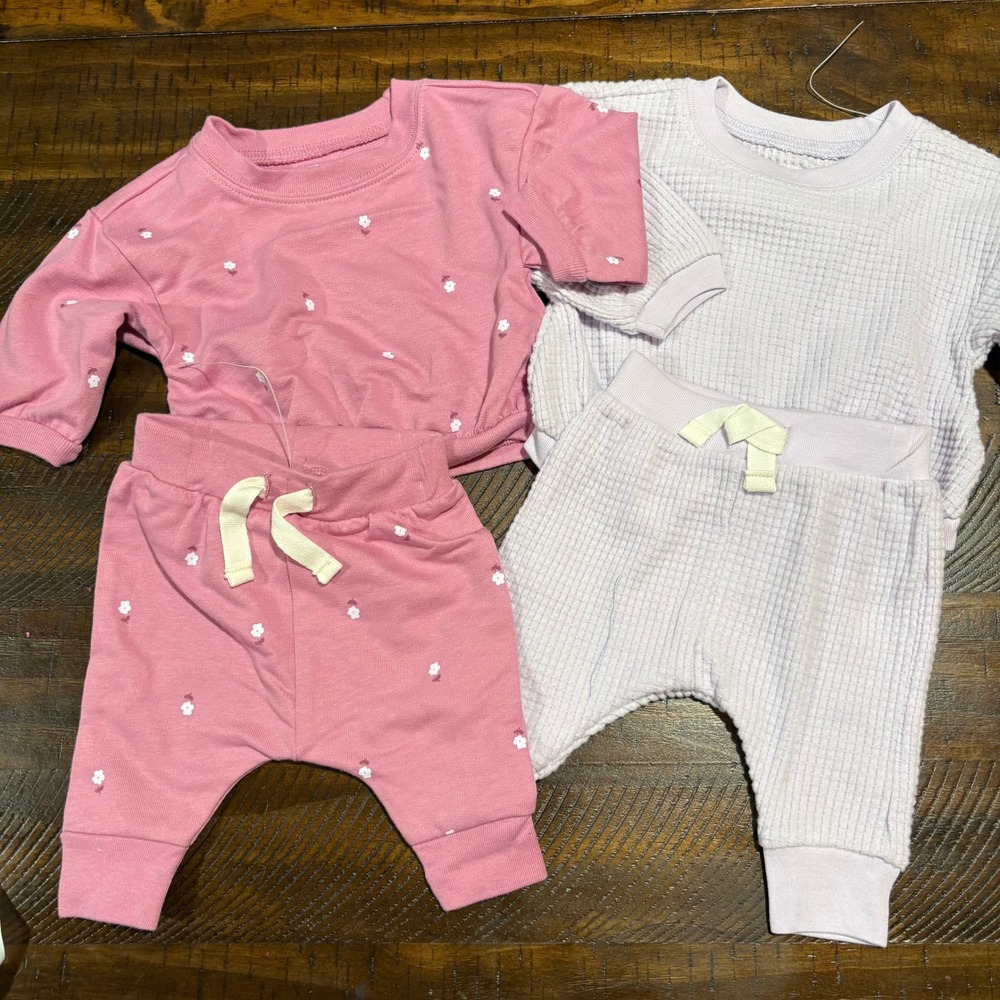 Baby Girl 2-Piece Waffle Knit and Floral Lounge Sets Pink Lavender Lot of 2